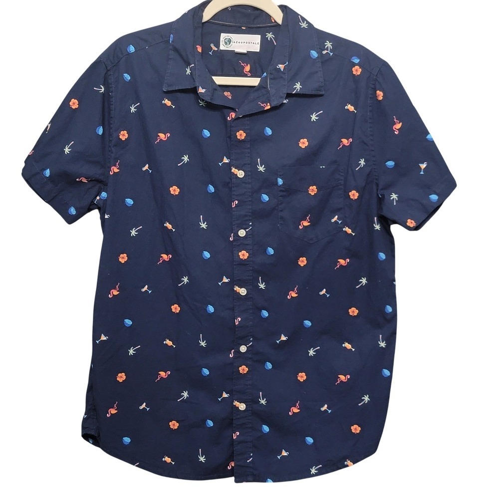 Aeropostale Button Up Shirt Navy Flamingo Tropical Palm Martini Print L Coastal
